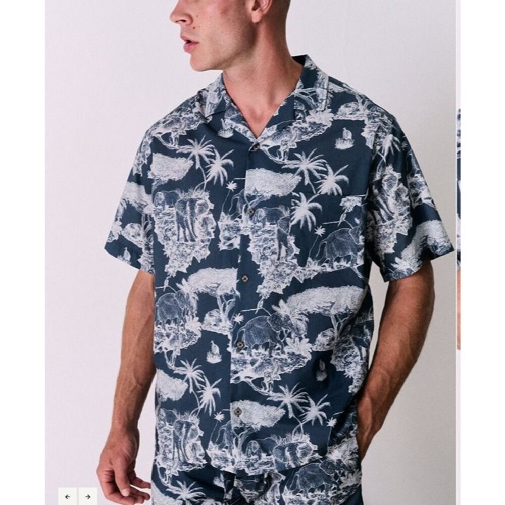 Desmond & Dempsey Cuban Shirt Hawaiian Shirt - Dinosaur Loxodonta Navy Medium